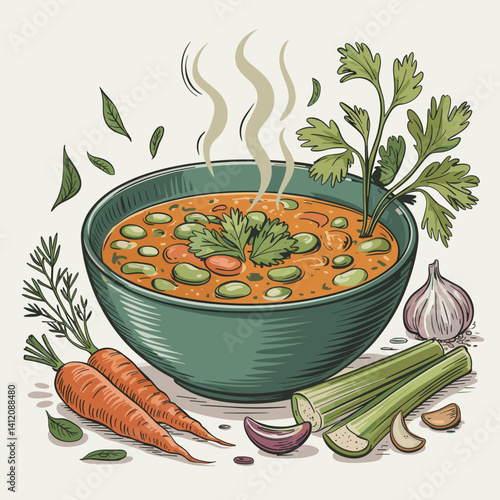 Hearty Fava Bean Soup in Rustic Bowl Illustration