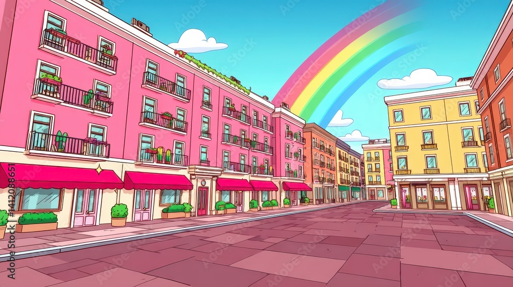 Obraz premium A lively street scene features colorful buildings with balconies, potted plants, and awnings. A bright rainbow arcs over the vibrant cityscape, creating a cheerful atmosphere