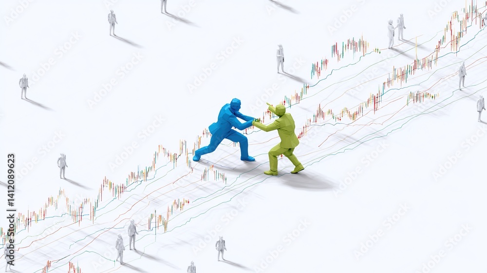 Two figures collaborate on a rising financial chart. Two figures collaborate on a rising financial chart.