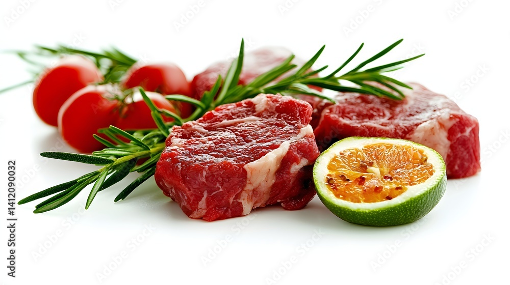 Fresh Cuts of Meat with Rosemary, Cherry Tomatoes, and Lime Slices on a White Background Fresh Cuts of Meat with Rosemary, Cherry Tomatoes, and Lime Slices on a White Background