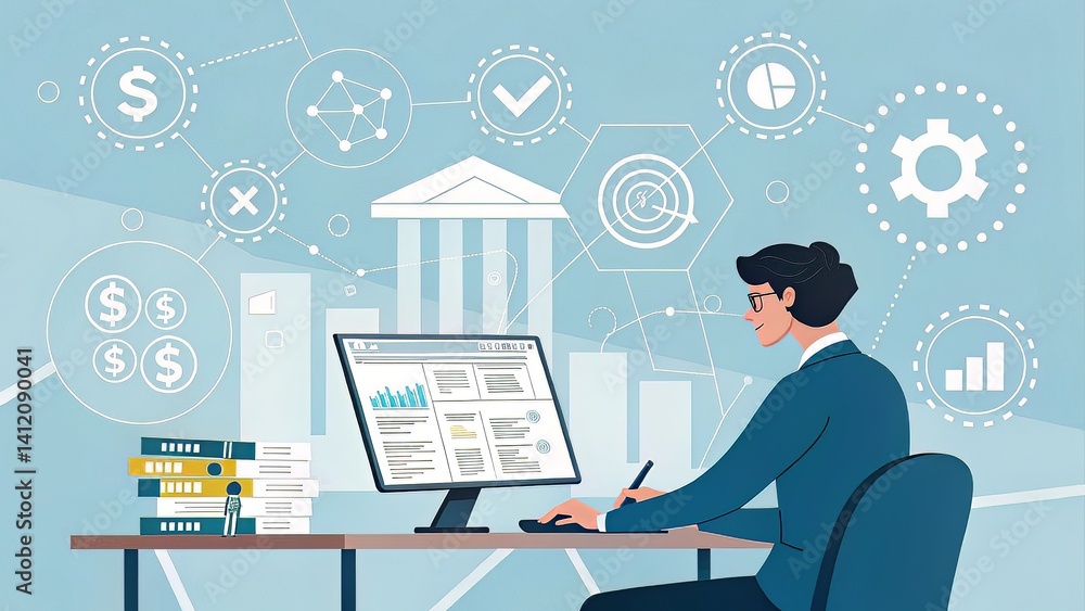 A digital representation of financial data and tax forms is accessed by a professional seated at a desk, surrounded by compliance and fintech icons. A digital representation of financial data and tax forms is accessed by a professional seated at a desk, surrounded by compliance and fintech icons.