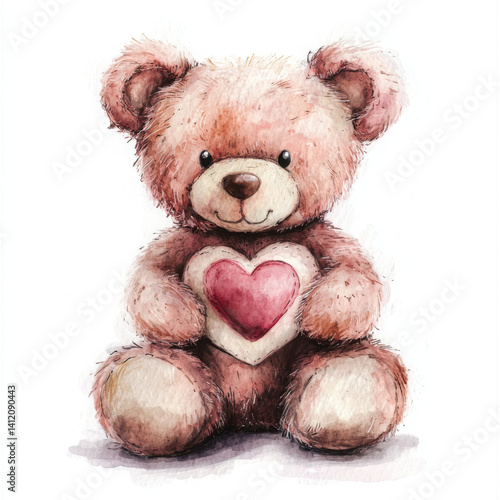 Cute bear with heart shows love and tenderness in soft watercolor style
