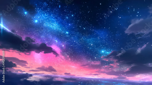 星空と幻想的な夕焼けが広がるアニメ風の空の風景