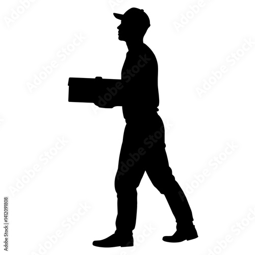 Silhouette of courier carrying pizza box, delivery in motion