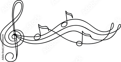 Elegant Flowing Music Notes on Wave Staff with Treble Clef in Continuous Line Style | Ideal for Songwriter Art, Instrumental Logos, Music Room Decor, Cricut Designs, and Modern Minimalist Posters

