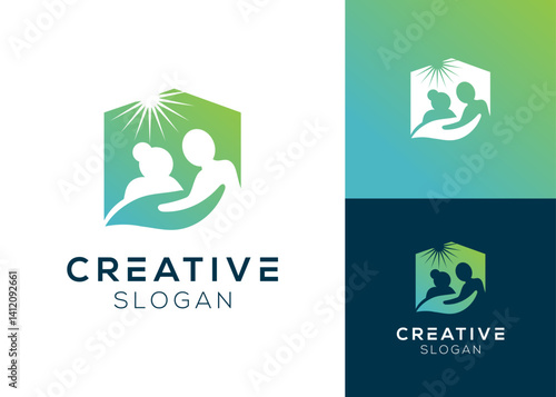 Senior living or elderly, nursing hands, and sun logo design for nursing home