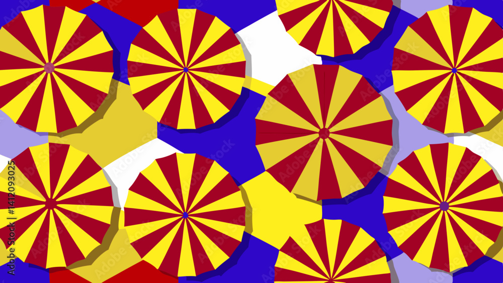 A vibrant summer beach scene captured from above, showcasing a cheerful array of red and yellow striped beach umbrellas arranged on a blue and white sand background. A vibrant summer beach scene captured from above, showcasing a cheerful array of red and yellow striped beach umbrellas arranged on a blue and white sand background.