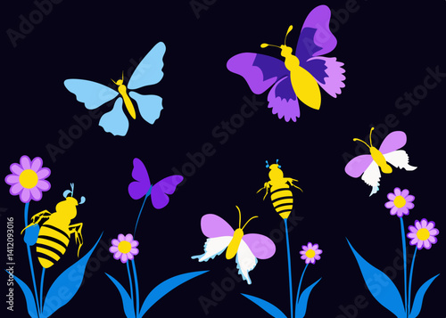 A vibrant nocturnal garden thrives with cheerful butterflies, busy bees, and blooming flowers against a dark, starry sky, showcasing bold colors and simple silhouettes.