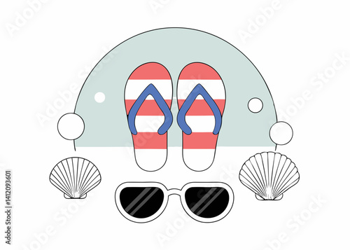 Red and white striped flip-flops paired with stylish sunglasses beside seashells, evoking a carefree beach vacation vibe with a minimalist pastel background.