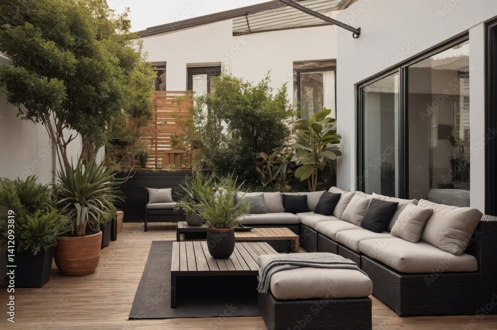 Fototapeta premium A stylish outdoor patio space with comfortable furniture and plants