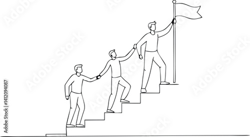 Continuous Line Drawing of Three Men Supporting Each Other While Climbing Stairs Toward a Flag – Leadership, Mentorship, Empowerment, Team Growth and Group Achievement Vector Art

