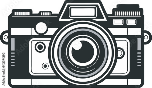 A black and white vector illustration of a vintage DSLR camera with detailed lens and buttons, bold outlines, retro style, isolated on a white background