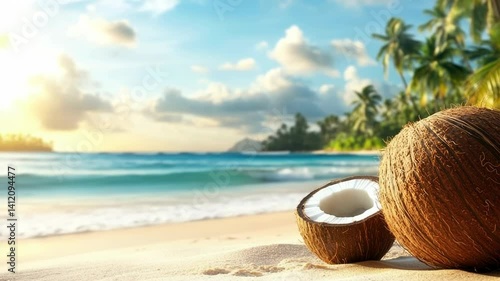 Wallpaper Mural A fresh coconut with a straw inserted, placed on a wooden table overlooking a serene beach with gentle waves, embodying tropical relaxation and vacation vibes. Ample copy space available Torontodigital.ca