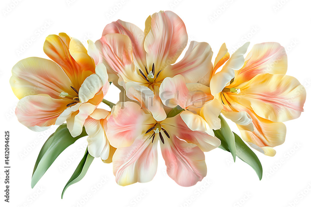 Fototapeta premium Cluster of colorful tulip flowers in shades of pink, yellow, and white on trasparent background