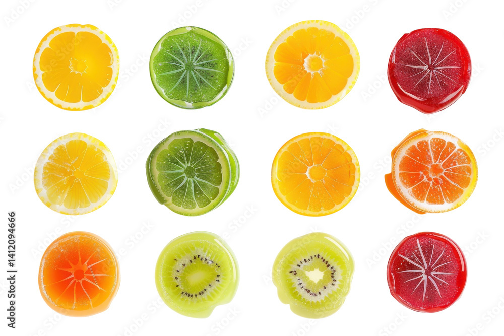 Obraz premium Colorful fruit jellies arranged in a vibrant pattern on a white background showcasing summer fun isolated on transparent background