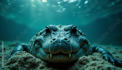 Wallpaper Mural Close-Up of a Fascinating Crocodile Underwater with Soft Light Illuminating Its Features in a Serene Aquatic Environment Torontodigital.ca