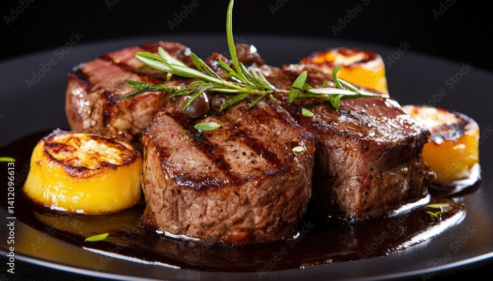 Grilled steak filet mignon with rosemary and grilled potatoes on black plate studio Grilled steak filet mignon with rosemary and grilled potatoes on black plate studio