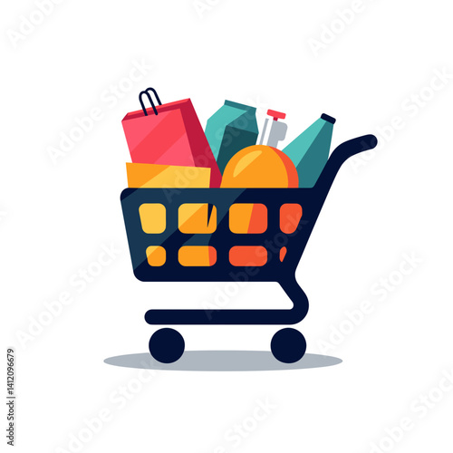 Vibrant shopping cart filled with colorful products on white background, business clarity