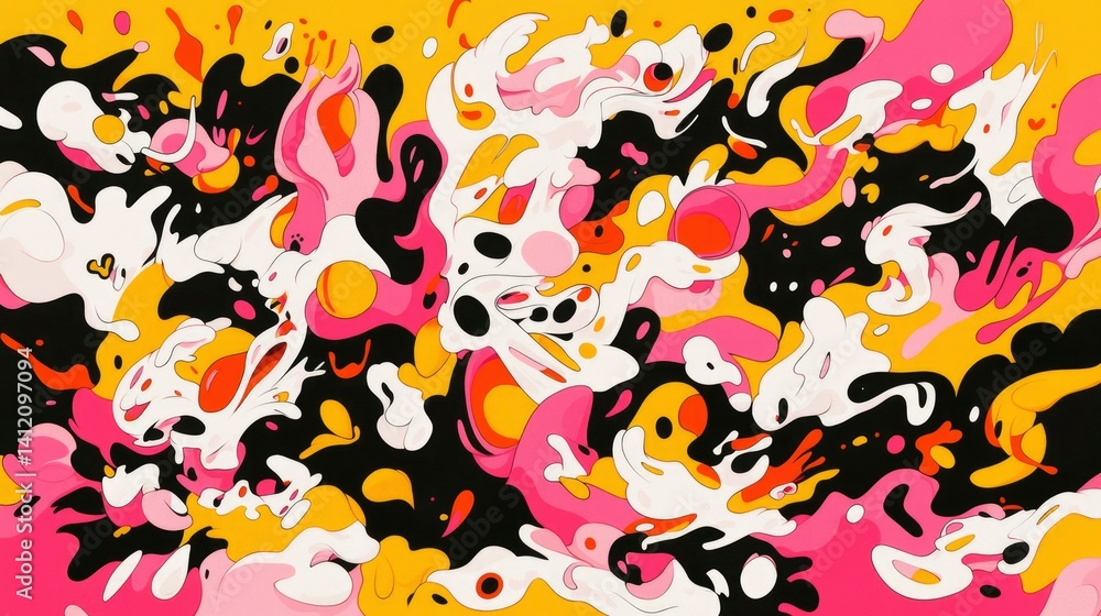 Naklejka premium Colorful fluid forms with dynamic splash on yellow surface against solid backdrop