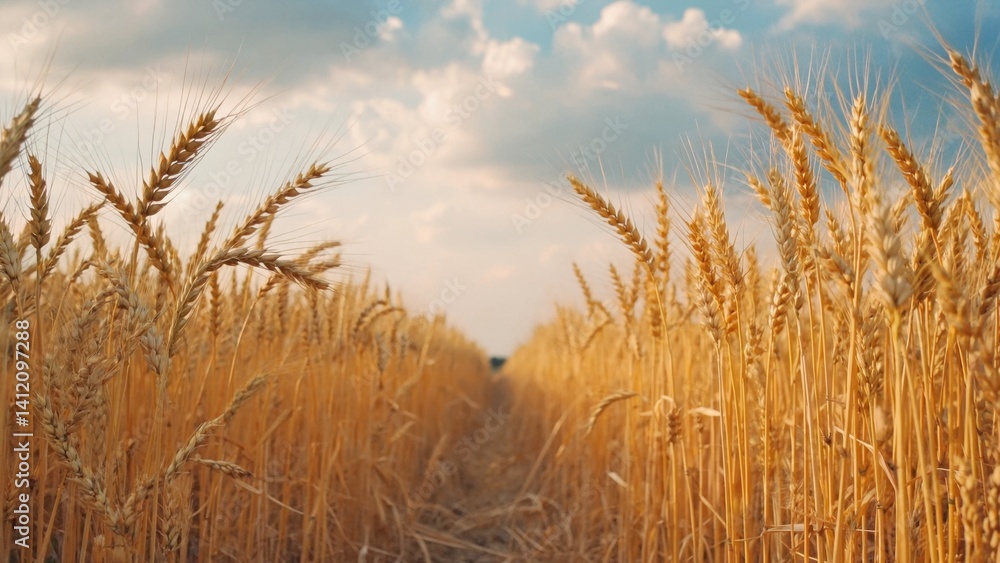 Fototapeta premium A field of golden wheat with a cloudy sky in the background. The wheat is tall and golden, and the sky is overcast