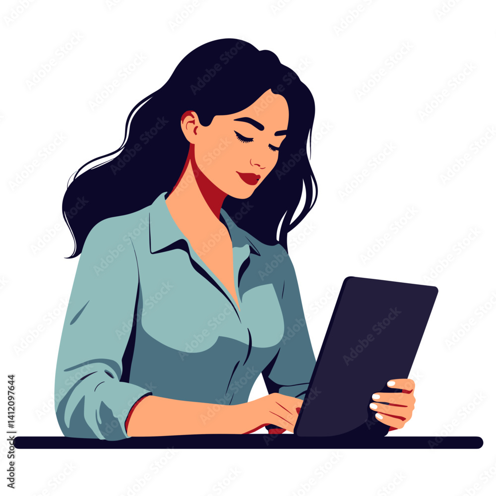 Confident woman focused on budgeting with tablet, digital empowerment Confident woman focused on budgeting with tablet, digital empowerment