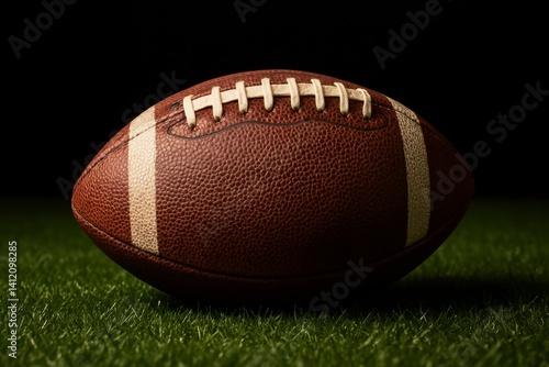 Classic Football Resting on Grassy Surface in Dim Light Showcasing Its Textur...