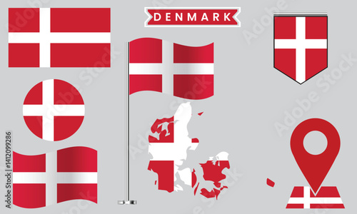 Denmark Flag Icon Set, Vector Map, Badge, Pin & Waving Flag Collection