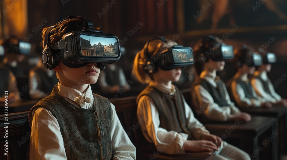 Children wearing VR headsets, historical setting, learning experience, education Children wearing VR headsets, historical setting, learning experience, education