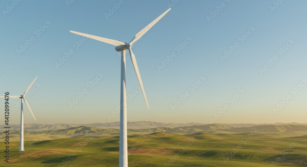 Vast Green Landscape with Wind Turbines Generating Clean Energy: A Sustainable Future in Rural Scenery