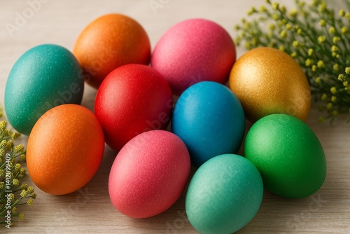 Colorful Eggs Arranged on a Wooden Surface Surrounded by Green Leaves During ...