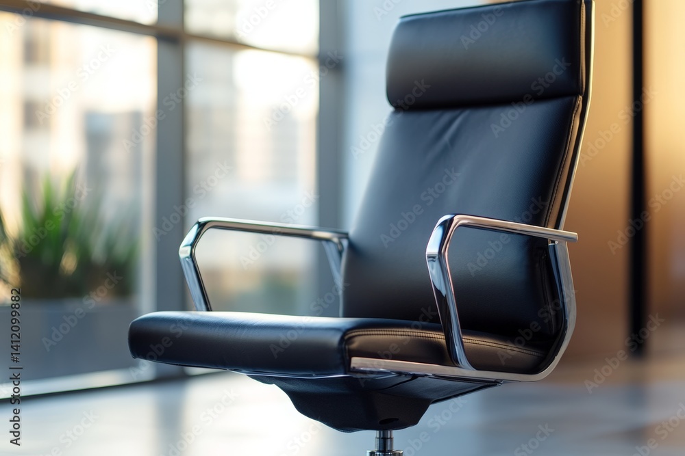 Fototapeta premium Sleek black leather office chair with chrome arms in modern workspace