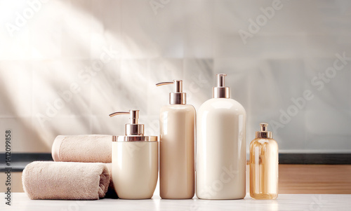 シャンプーボトルとタオルとボディソープ　浴室のボトルセット