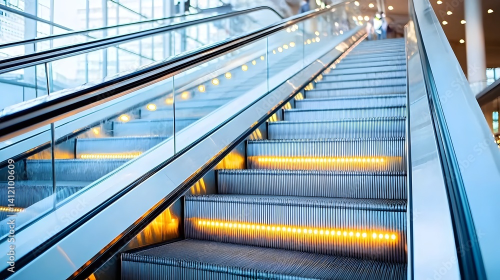 Fototapeta premium An abstract close up view of an escalator with illuminated geometric steps creating a sleek futuristic atmosphere in a modern architectural setting