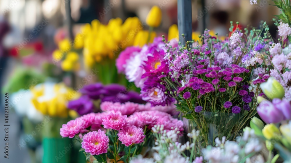 Obraz premium Colorful spring flowers for sale at the flower market on an outdoor street