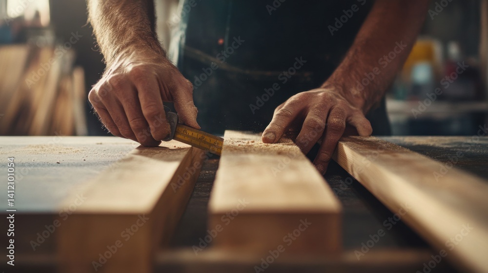 Carpenter measuring and cutting wooden planks for a custom furniture project. Featuring craftsmanship and precision Carpenter measuring and cutting wooden planks for a custom furniture project. Featuring craftsmanship and precision