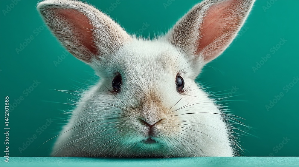 White rabbit close-up against teal background