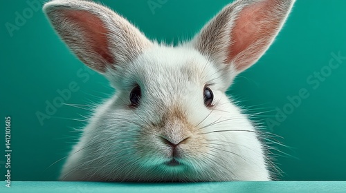 Obraz na płótnie White rabbit close-up against teal background w salonie