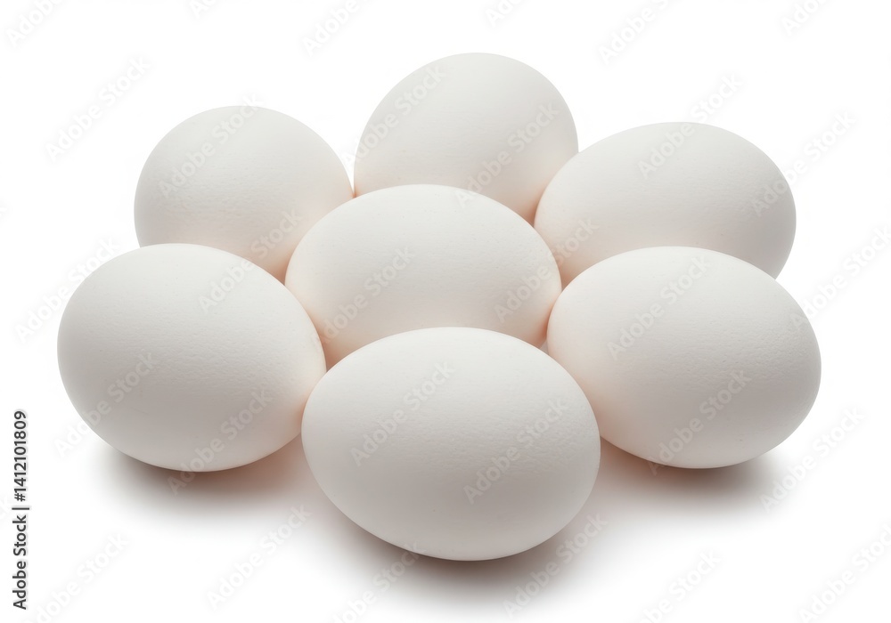 Seven white eggs stacked together on white background Seven white eggs stacked together on white background