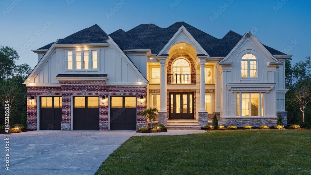 Residential property with two garages, brick accents, and nighttime illumination. Residential property with two garages, brick accents, and nighttime illumination.