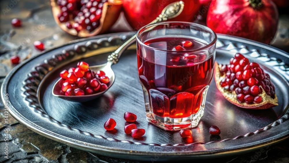 Aerial Pomegranate Still Life: Drone Shot of Juicy Seeds & Refreshing Juice Aerial Pomegranate Still Life: Drone Shot of Juicy Seeds & Refreshing Juice