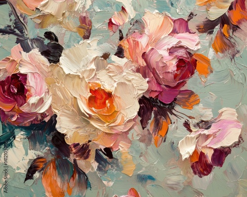 Oil painting of vibrant flowers, detailed and colorful artwork with a natural theme