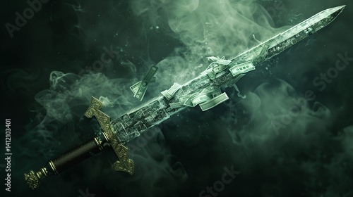 Hyper-realistic double-edged sword with dollar bills and broken supply chains, economic conflict concept, dark cinematic lighting, dramatic symbolism, highly detailed 3D illustration