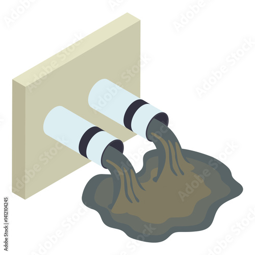 Two Sewer Pipe Pour Out isometric Concept, wastewater drainage vector icon design, Water Treatment Purification Plant symbol, Environment Friendly Industry Sign,Desalination Biotechnology illustration