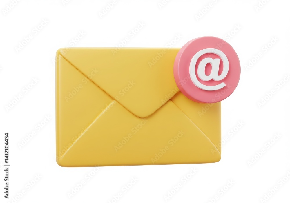Yellow email with at symbol notification on white background Yellow email with at symbol notification on white background