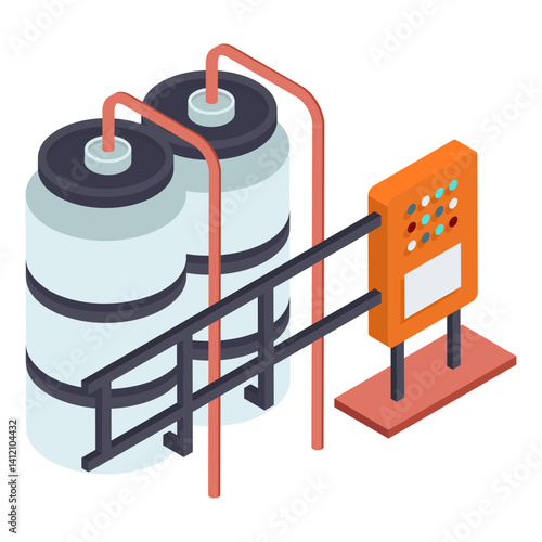 Commercial Cooling Tower with Control Unit isometric Concept vector icon design, Water Treatment Purification Plant symbol, Environment Friendly Industry Sign, Desalination Biotechnology illustration