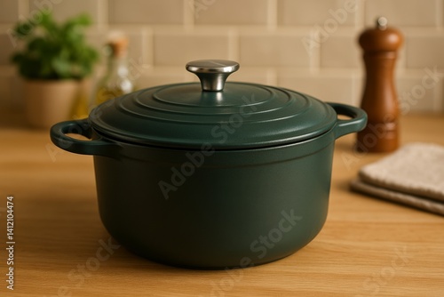 Blue Cast Iron Pot on Wooden Kitchen Counter With Fresh Ingredients and Natur...