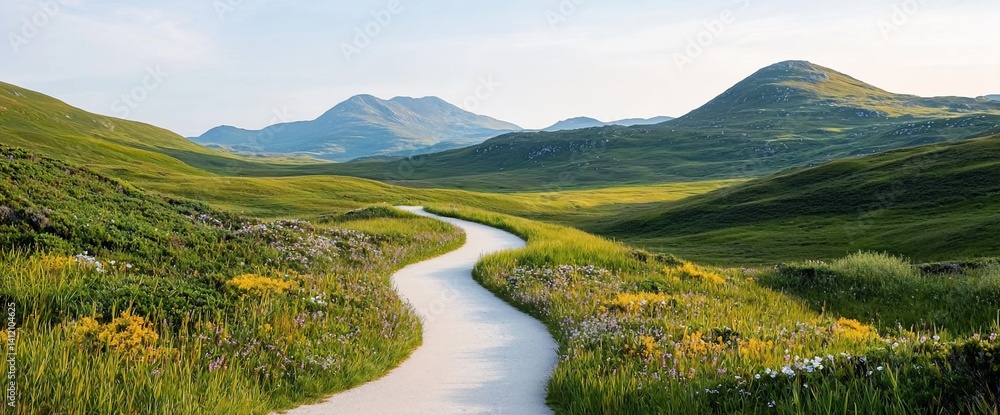Winding path through lush, green hills