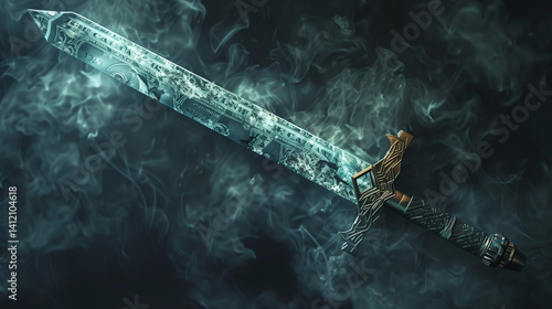 Hyper-realistic double-edged sword with dollar bills and broken supply chains, economic conflict concept, dark cinematic lighting, dramatic symbolism, highly detailed 3D illustration