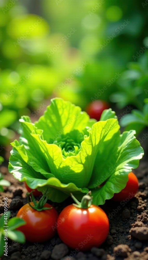 Vibrant green lettuce and tomatoes thrive in sunny garden , nature, farm, organic Vibrant green lettuce and tomatoes thrive in sunny garden , nature, farm, organic