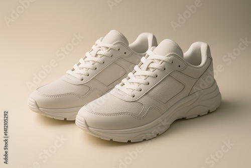 Stylish White Athletic Shoes Showcased on a Neutral Background for a Trendy F...
